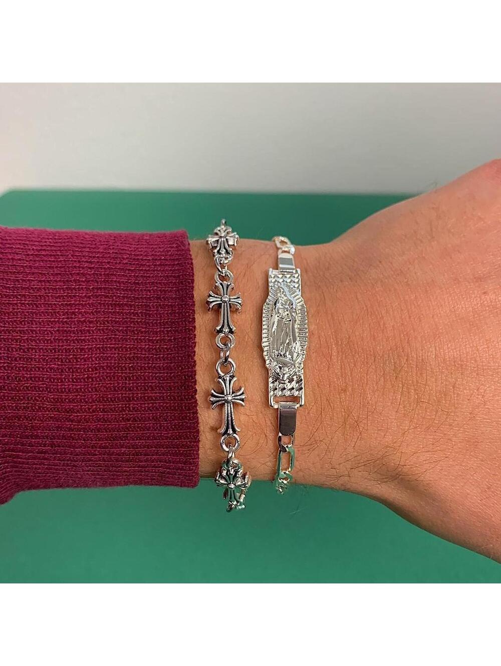 Vintage Y2k Style Silver Saint Marry Cuban Link Figaro Bracelet. Unisex. 8 - Picture 2 of 8